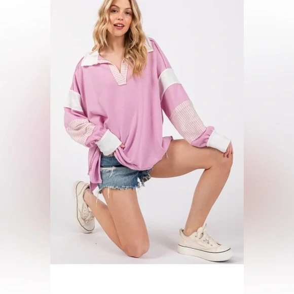 13 Striped Contrast Collared Pullover Sweatshirt - Picture 7 of 7